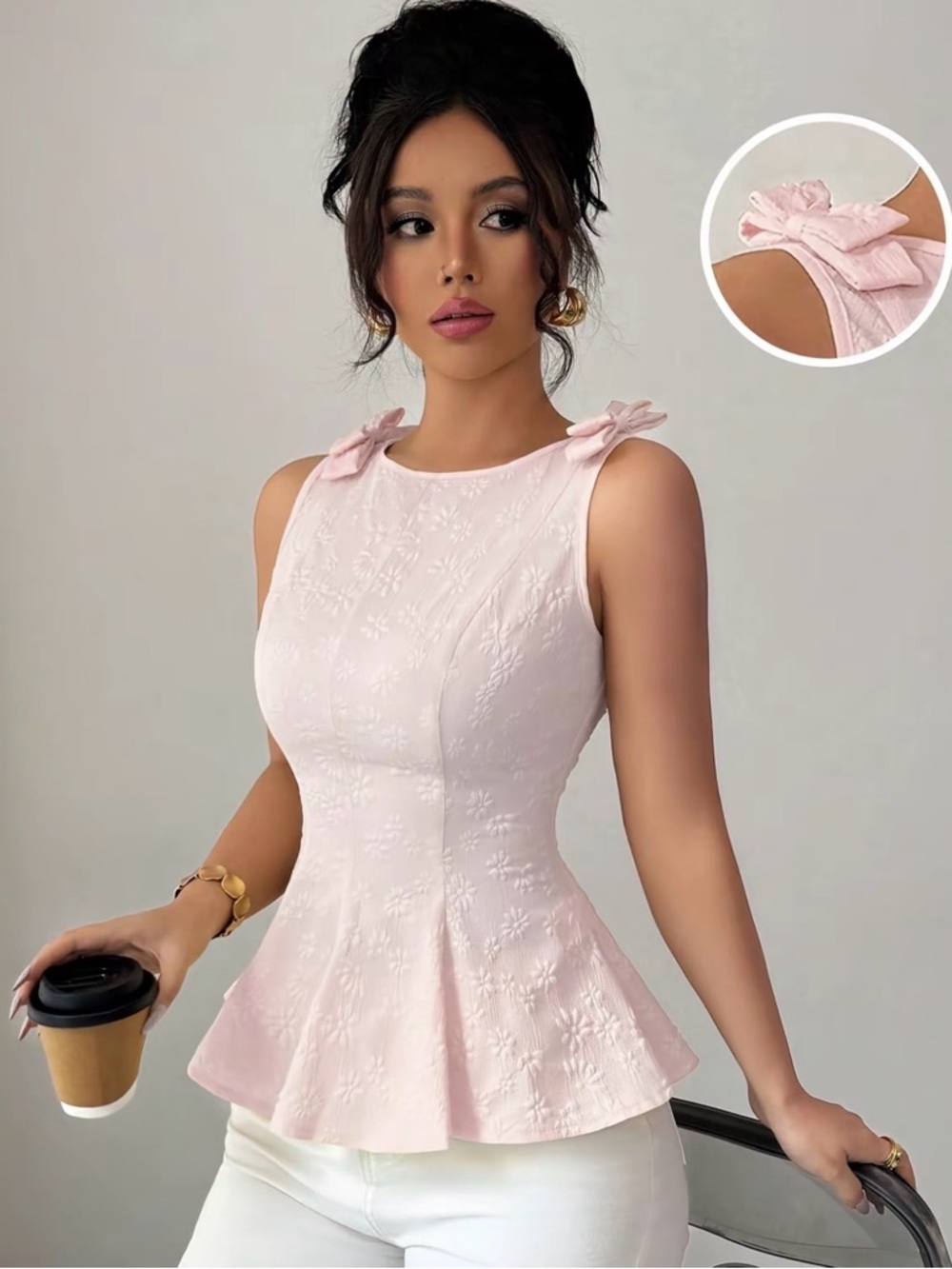 Nordic Ware Pale Pink Sleeveless Peplum Top with Shoulder Bows